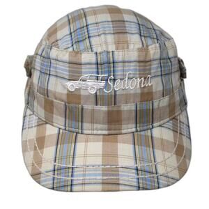 Tropical Trends Army Cap Beige Blue Plaid Sedona Jeep OS Hat Embroidered Cotton